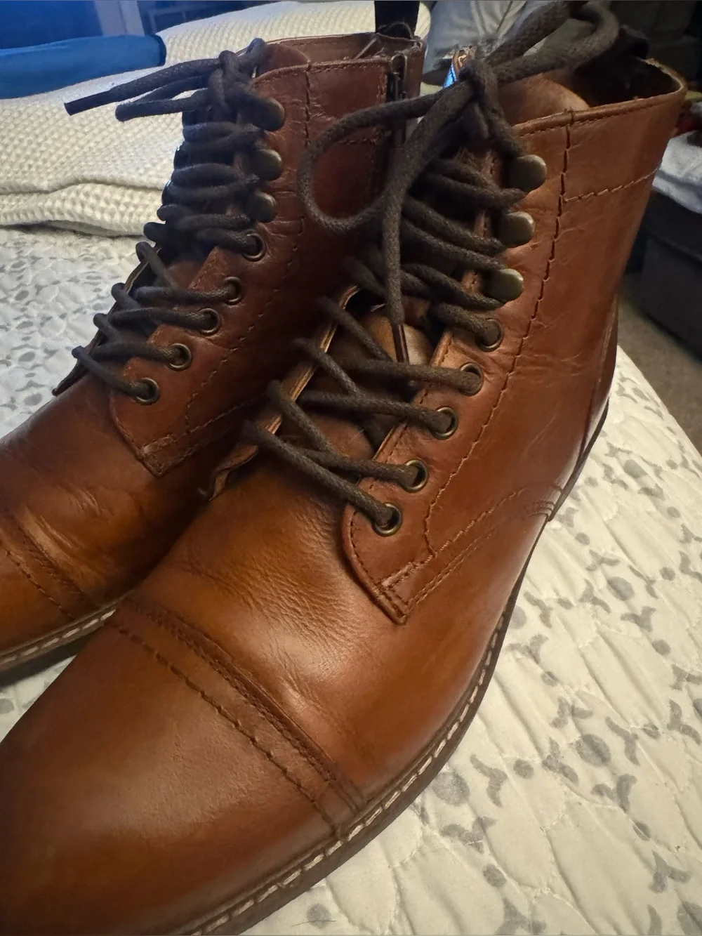 Crown Vintage Men’s Lingdale Leather Cap Toe Lace-Up Boots, Size 10.5, Cognac